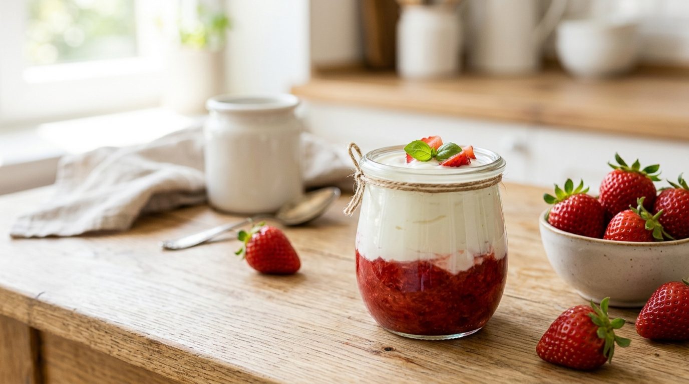 Pot de yaourt maison à la fraise et au basilic sur une table en bois clair