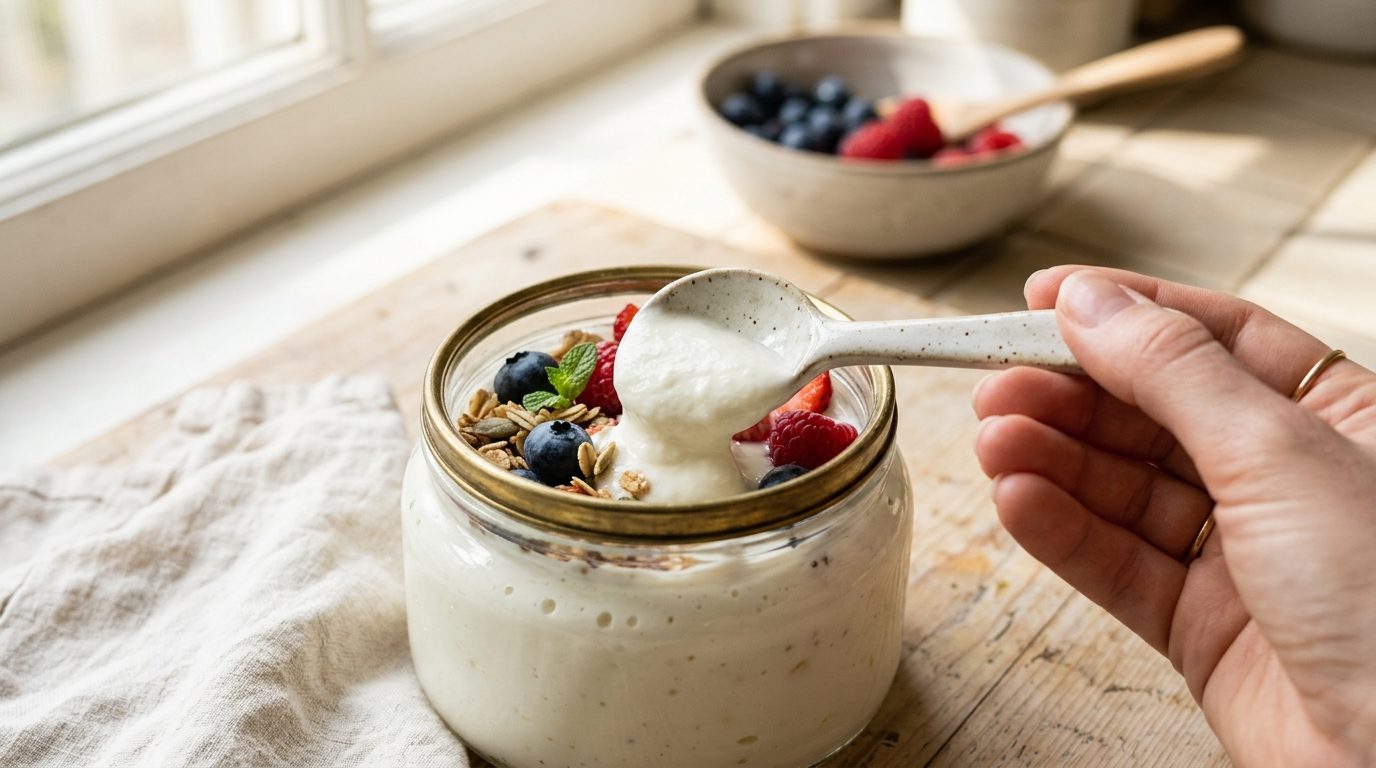 Yaourt crémeux fait maison dans un pot en verre avec une cuillère