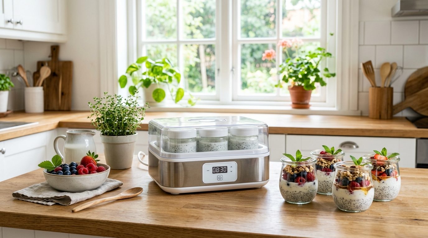Yaourtière moderne avec des pots en verre de yaourt maison aux graines de chia sur un plan de travail en bois