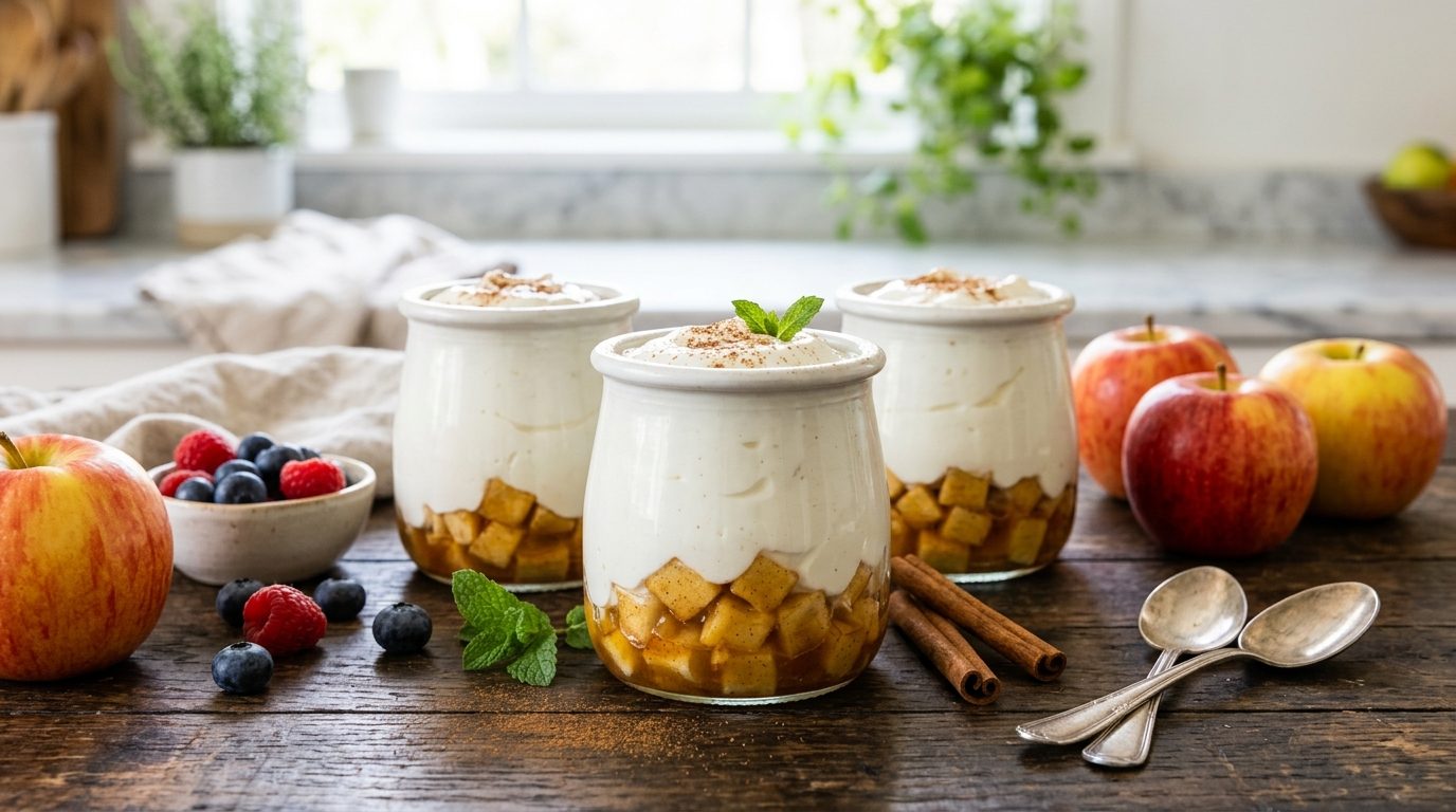 Yaourts à la cannelle et aux pommes caramélisées en yaourtière