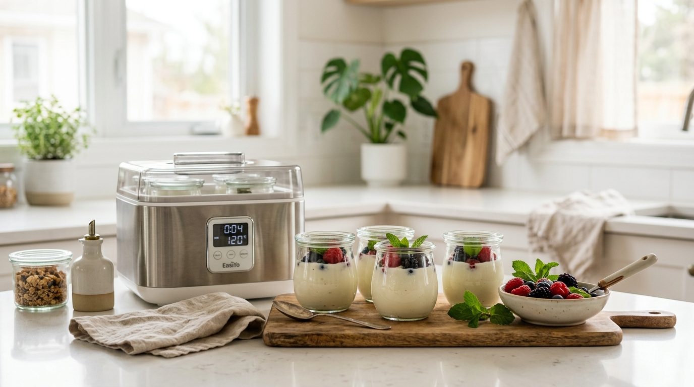 Yaourtière moderne avec ses pots en verre transparents sur un plan de travail de cuisine