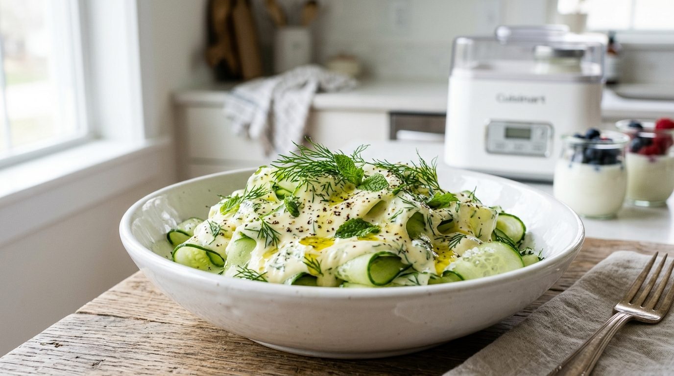 Salade de lamelles de concombre nappée d'une sauce onctueuse au yaourt fait maison et herbes fraîches