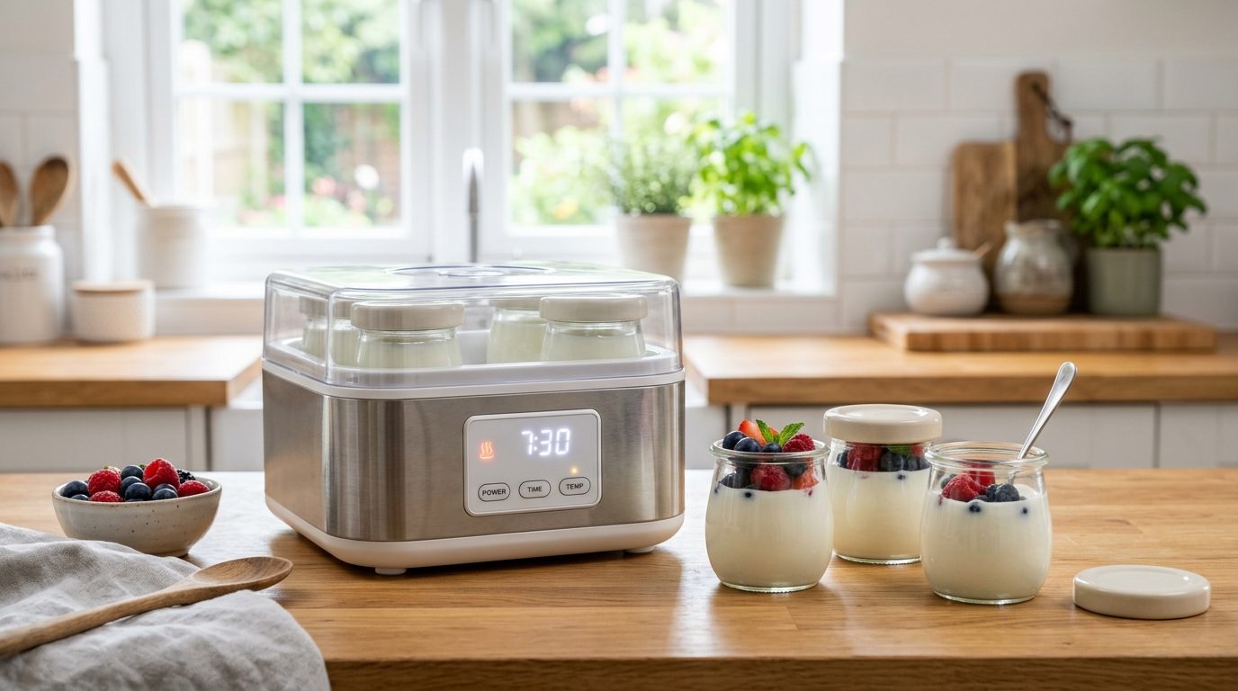Yaourtière moderne avec écran programmable et pots de yaourt maison sur un plan de travail