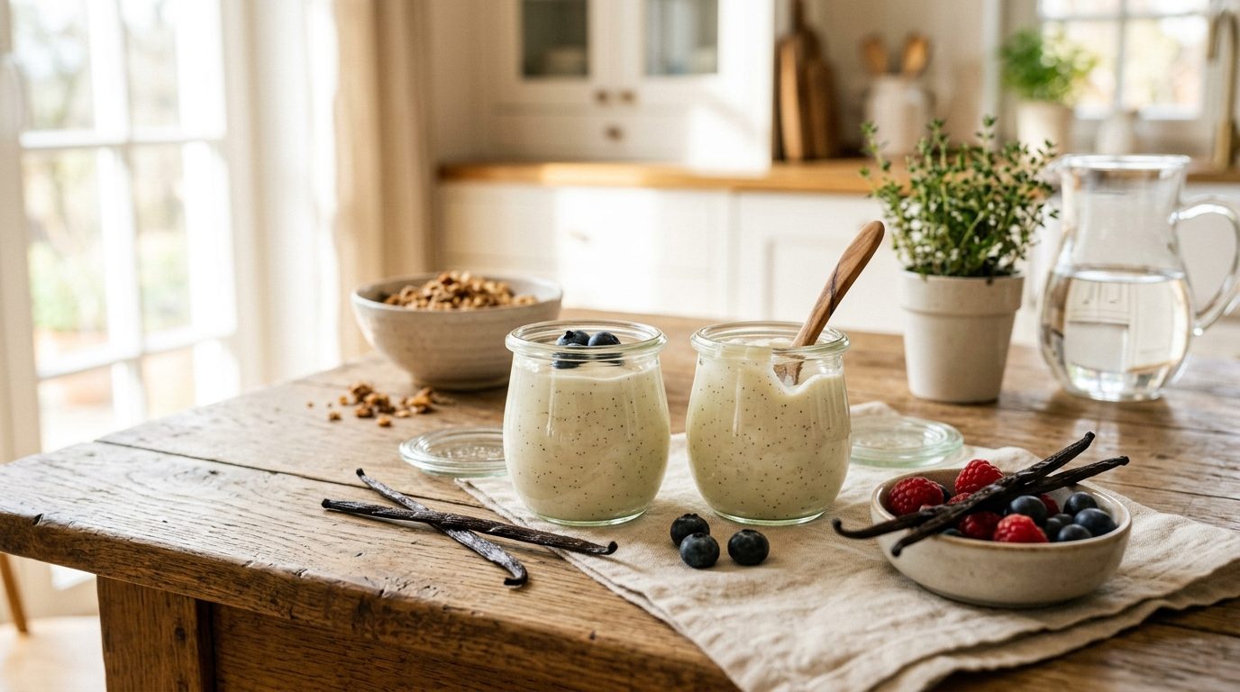 Pots de yaourts maison crémeux à la vanille avec grains visibles et gousses entières