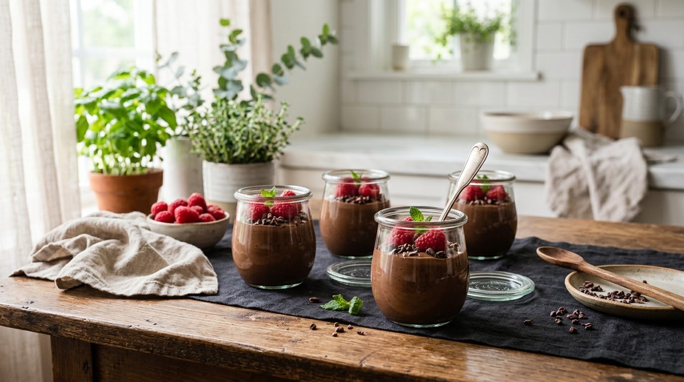 Pots de yaourts maison au cacao avec fèves concassées sur une table en bois