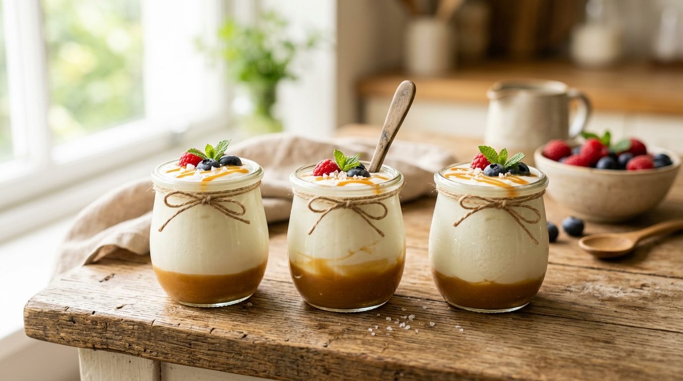 Pots de yaourts maison au caramel au beurre salé posés sur une table en bois