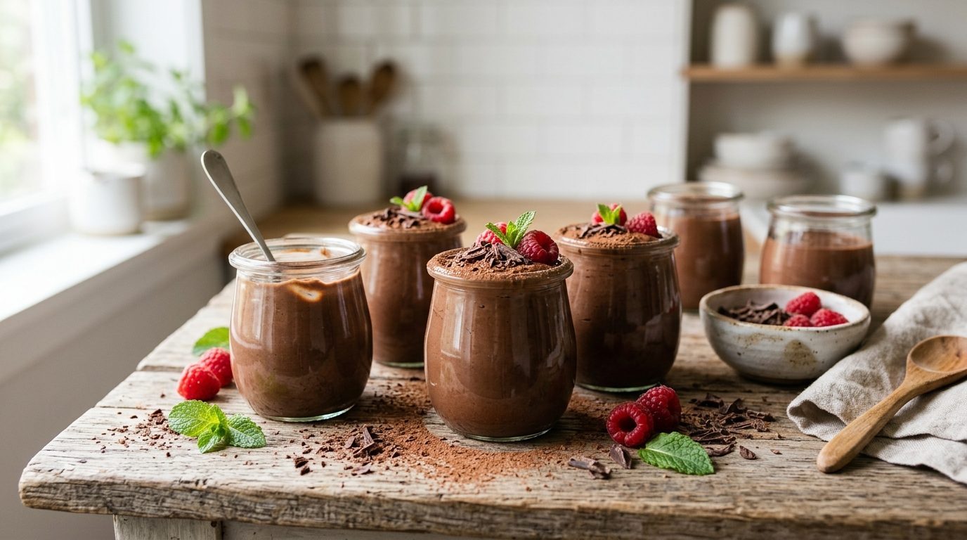 Pots en verre de yaourts maison au chocolat crémeux disposés sur une table en bois