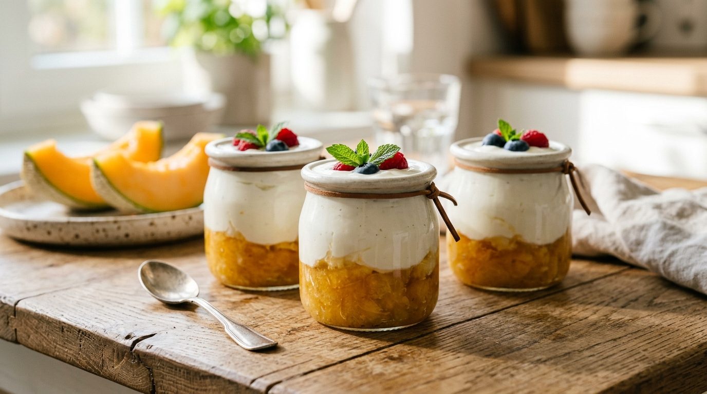 Pots de yaourts maison au melon avec compotée au fond et feuilles de menthe